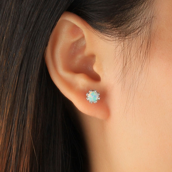 925 Sterling Silver Flower Stud Opal Earrings