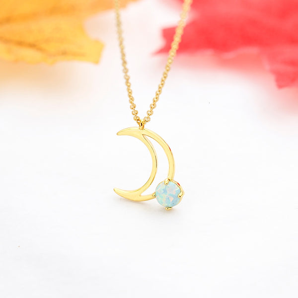 Crescent Moon Gold Chain Opal Necklace