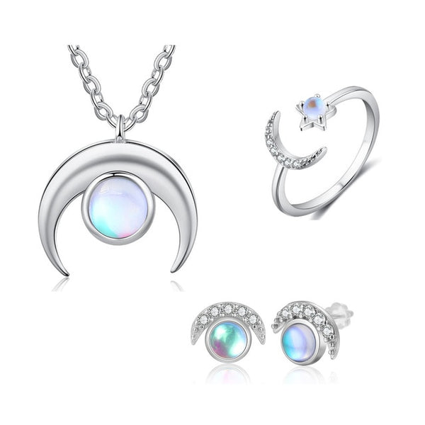 Moonstone Jewelry Sets 925 Sterling Silver (Pendant + Ring + Earrings)