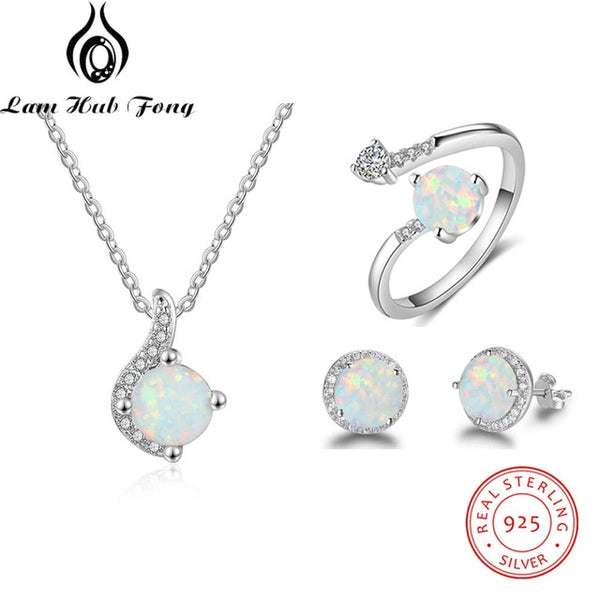 Opal Jewelry Sets 925 Sterling Silver (Ring + Earrings + Chain Necklace)