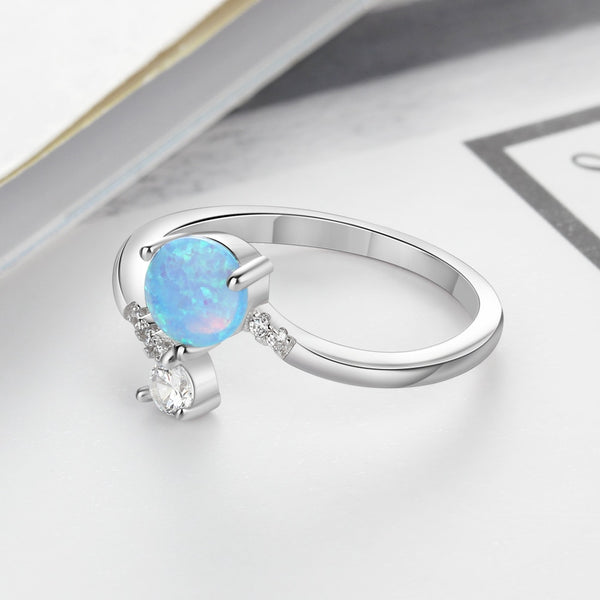 925 Sterling Silver Round Blue Opal Ring