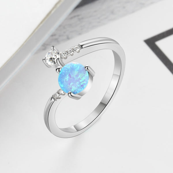 925 Sterling Silver Round Blue Opal Ring