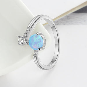 925 Sterling Silver Round Blue Opal Ring