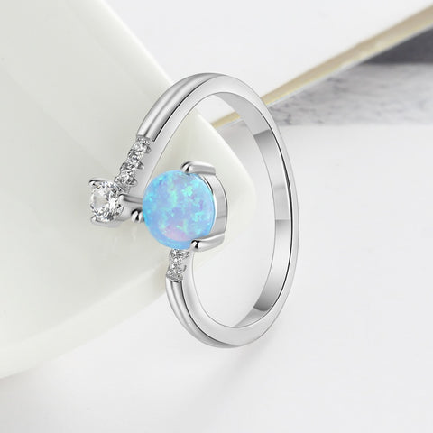 925 Sterling Silver Round Blue Opal Ring