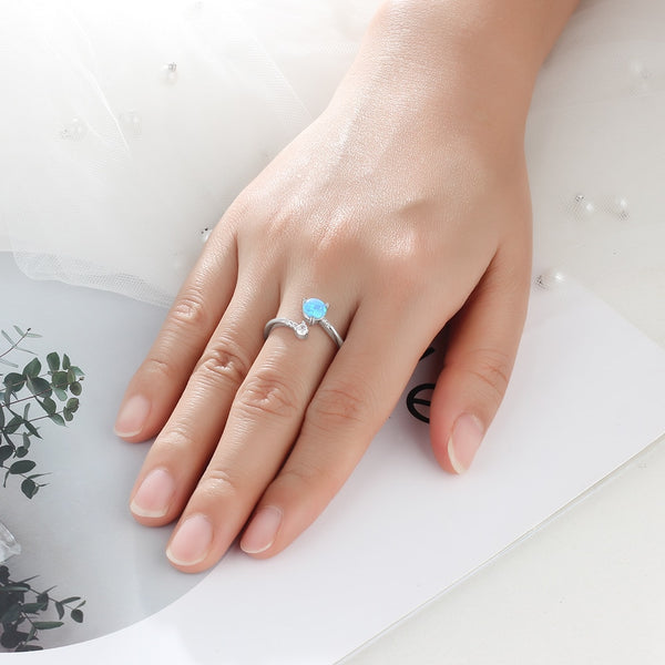 925 Sterling Silver Round Blue Opal Ring