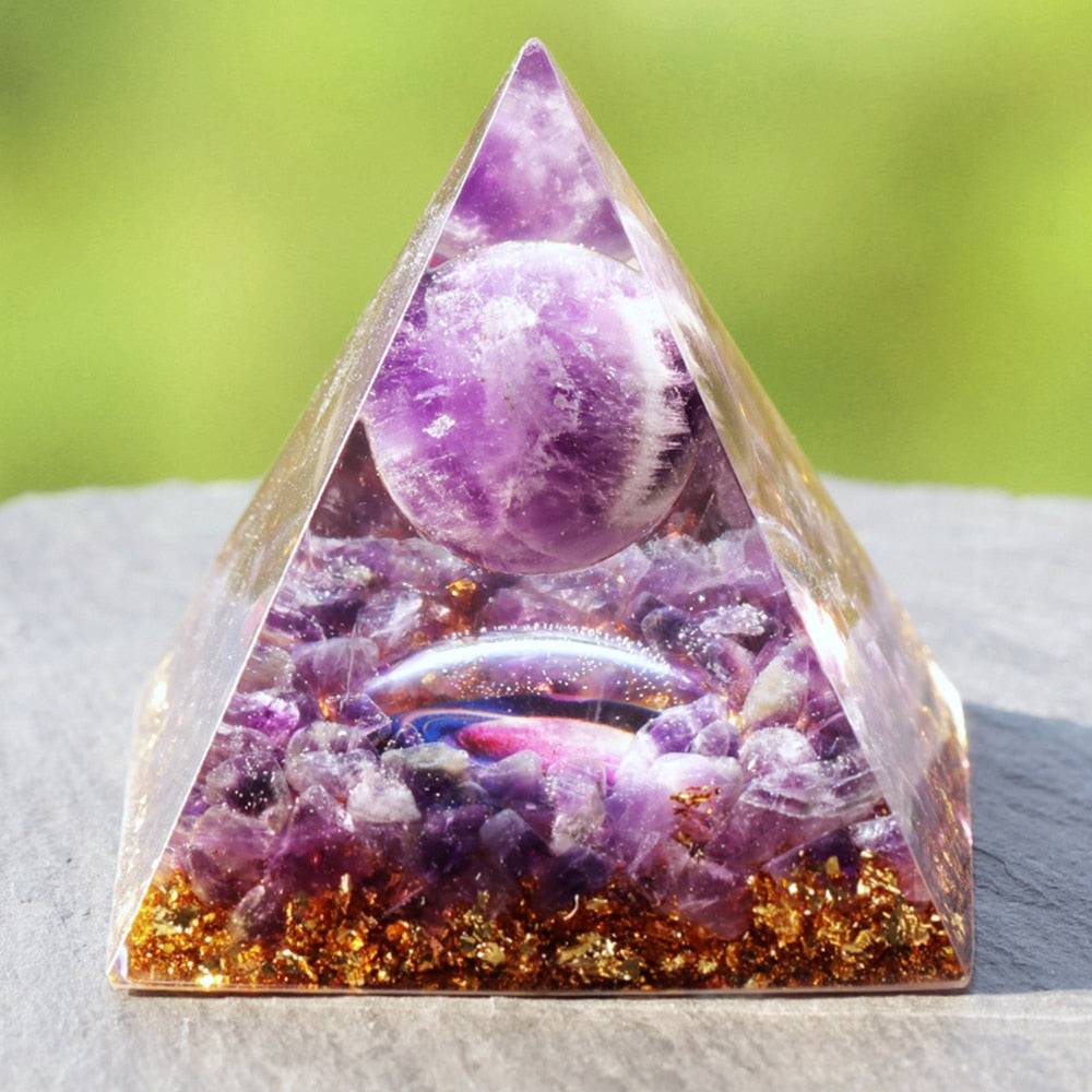 Glow In The Dark Orgone Healing Pyramid with Amethyst Sphere