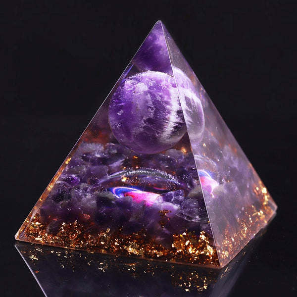 Glow In The Dark Orgone Healing Pyramid with Amethyst Sphere